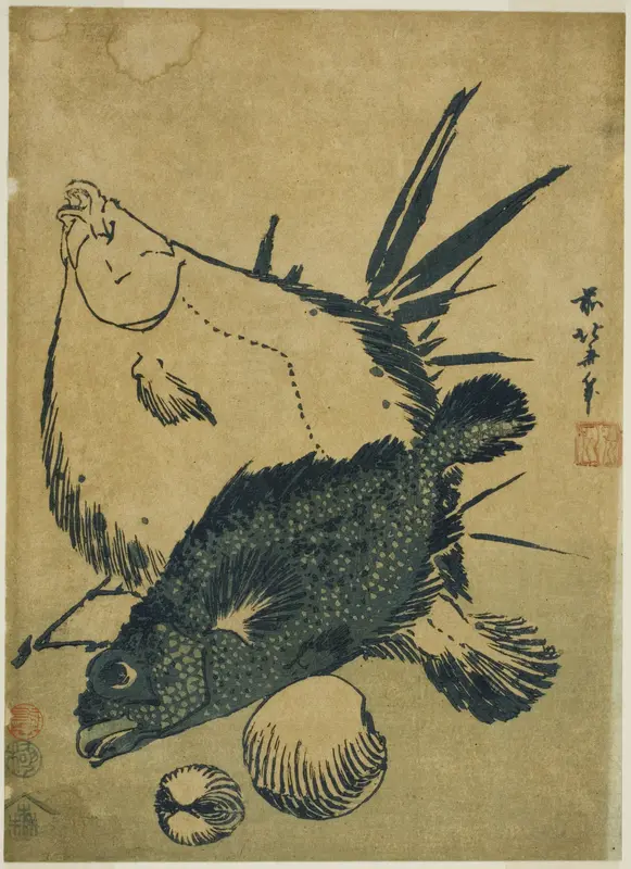 Flatfish, scorpion fish, and shells, from an untitled series of chuban prints