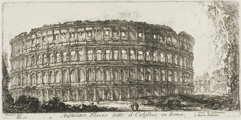 Flavian ampitheater, called the Colosseum. 1. Arch of Constantine. 2. Palatine Hill, plate 12 from Some Views of Triumphal Arches and other Monuments Wall Art by Giovanni Battista Piranesi - High-Resolution Digital Print