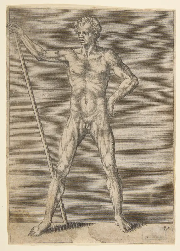 Flayed man seen frontally, holding a stick Wall Art by Giulio Bonasone - High-Resolution Digital Print