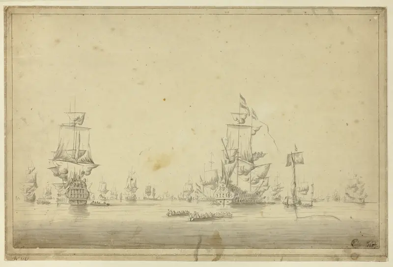 Fleet of Ships Anchored at Sea Wall Art by Imitator of Willem van de Velde, II - High-Resolution Digital Print