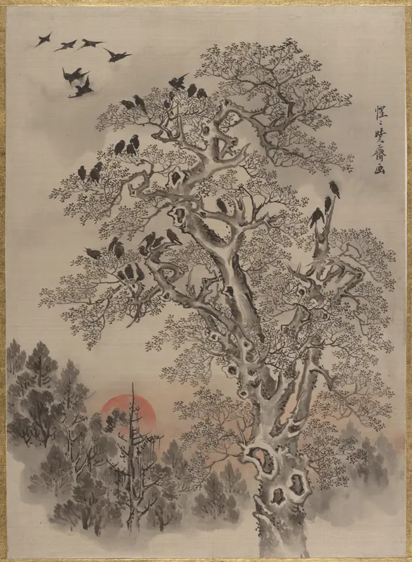 Flock of Crows at Dawn Wall Art by Kawanabe Kyōsai 河鍋暁斎 - High-Resolution Digital Print