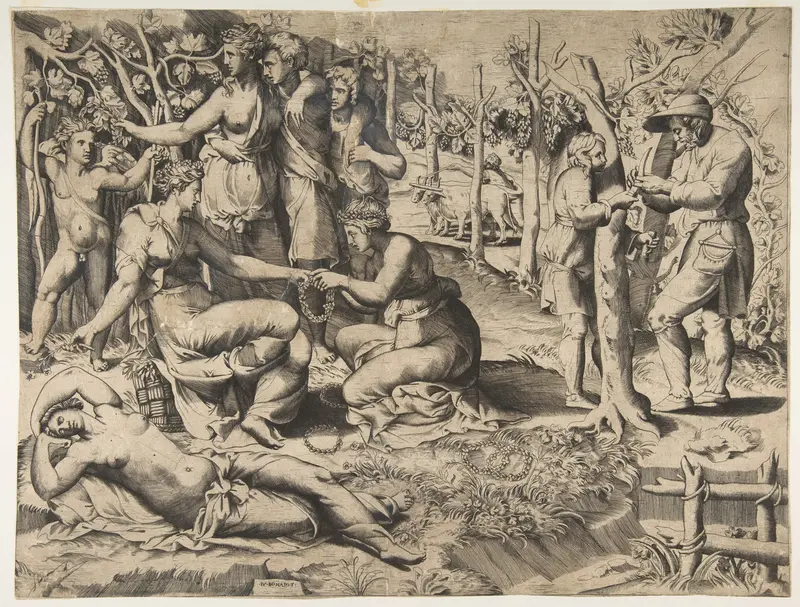 Flora in the centre passing a wreath to another woman, surrounded by other figures Wall Art by Giulio Bonasone - High-Resolution Digital Print