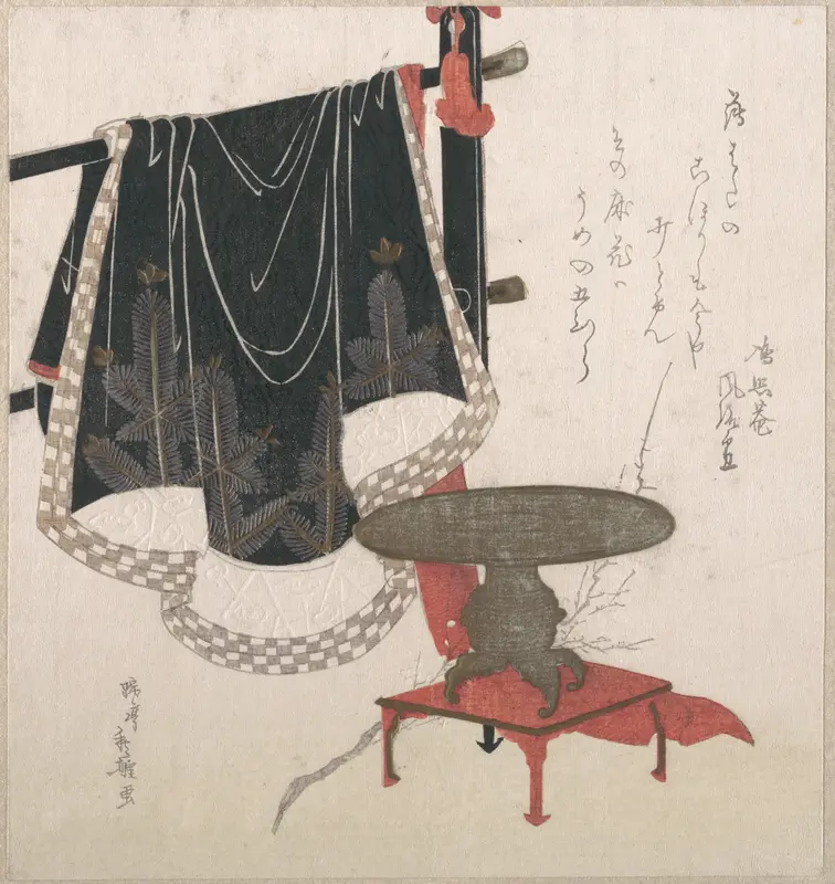 Flower Vase with Stand; Dress Hanging on a Clothesrack Wall Art by Hachifusa Shūri - High-Resolution Digital Print