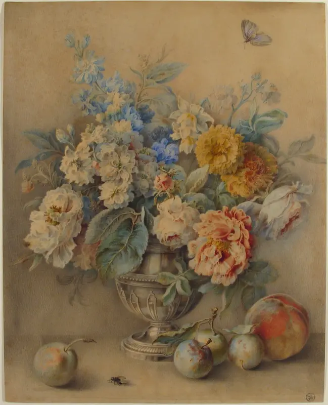 Flowers in a Silver Caster, Fruit in the Foreground Wall Art by Jacques André Portail - High-Resolution Digital Print