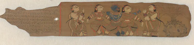 Fluitspelende Krishna tussen drie dansende vrouwen Wall Art by anonymous - High-Resolution Digital Print