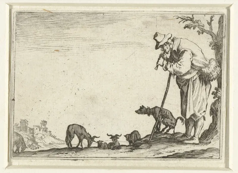 Fluitspelende man met tas, hond en geiten Wall Art by Jacques Callot - High-Resolution Digital Print