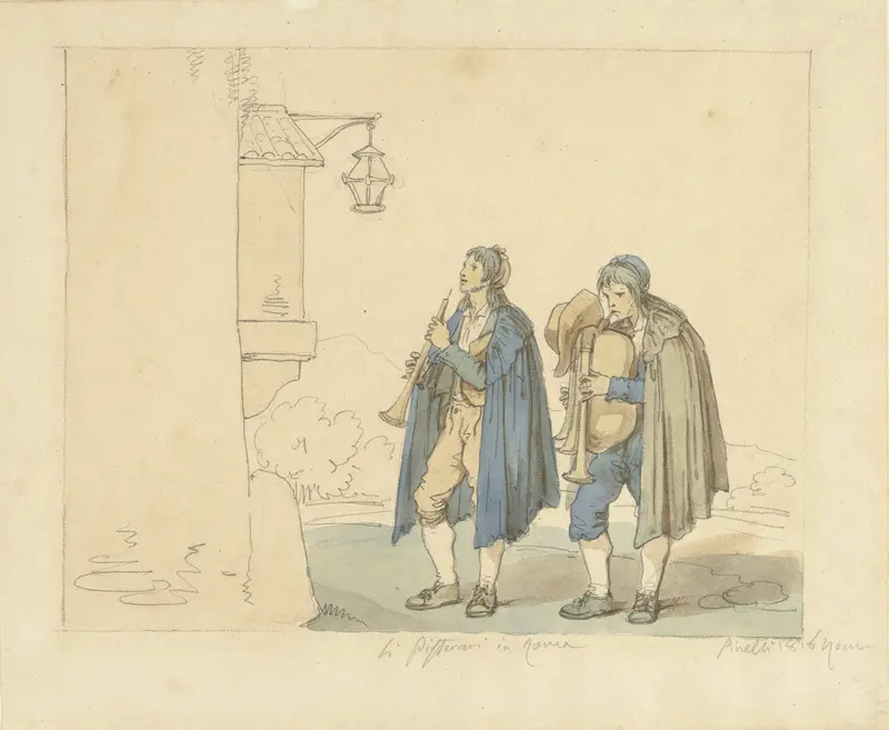 Fluitspeler en doedelzakspeler voor een huis Wall Art by Unknown - High-Resolution Digital Print