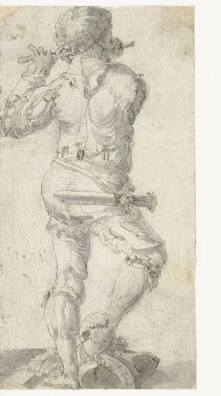 Fluitspeler met zijn rechtervoet op een helm, op de rug gezien Wall Art by Aertgen Claesz van Leyden - High-Resolution Digital Print