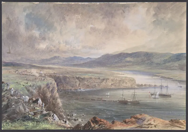 Foilhummerum Bay, Valentia, Looking from Cromwell Fort: The Caroline and Boats Laying the Earth Wire, July 21st, 1865 Wall Art by Robert Charles Dudley - High-Resolution Digital Print