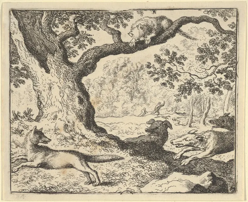 Following Renard's False Story, His Father Is Chased by Hunting Dogs from Hendrick van Alcmar's Renard The Fox Wall Art by Allart van Everdingen - High-Resolution Digital Print