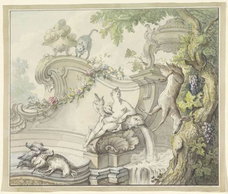 Fontein met vrouw en jachtbuit Wall Art by anonymous - High-Resolution Digital Print