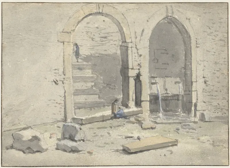 Fontein tegen een stadsmuur, waarin een trap is gebouwd Wall Art by Theodoor Wilkens - High-Resolution Digital Print