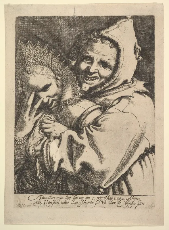 Fool with a Girl Looking Through Her Fingers Wall Art by Werner van den Valckert - High-Resolution Digital Print