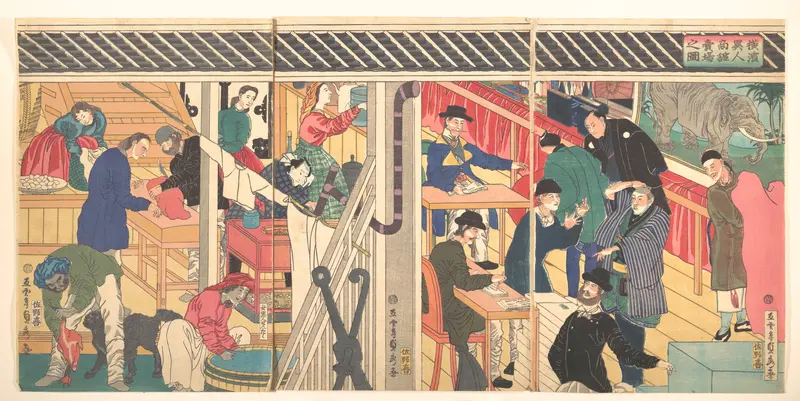 Foreign Business Establishment in Yokohama (Yokohama ijin shōkan uriba no zu) Wall Art by Utagawa (Gountei) Sadahide - High-Resolution Digital Print