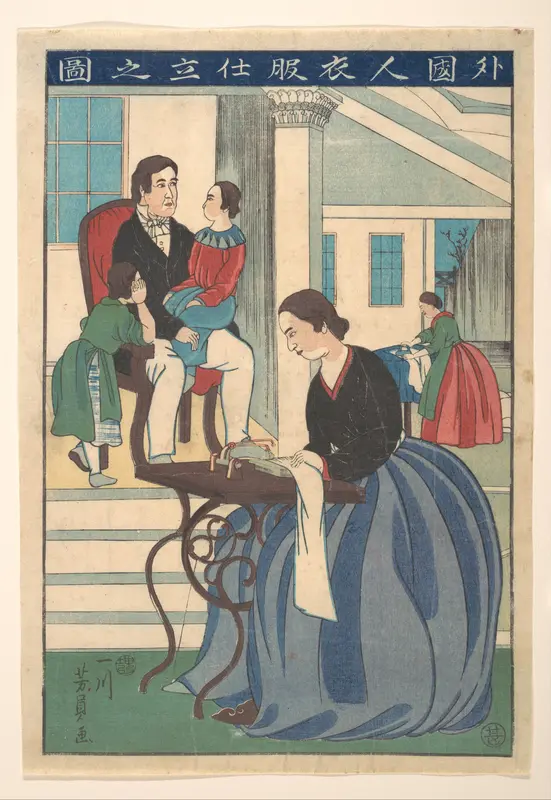 Foreign Family with Wife Making Clothes (Gaikokujin ifuku shitate no zu) Wall Art by Utagawa Yoshikazu - High-Resolution Digital Print