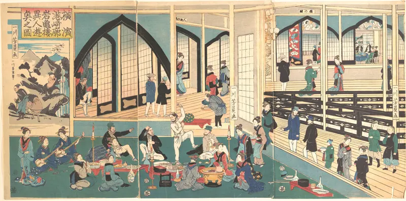 Foreigners Enjoying a Party at the Gankirō Tea House Wall Art by Utagawa Yoshikazu - High-Resolution Digital Print