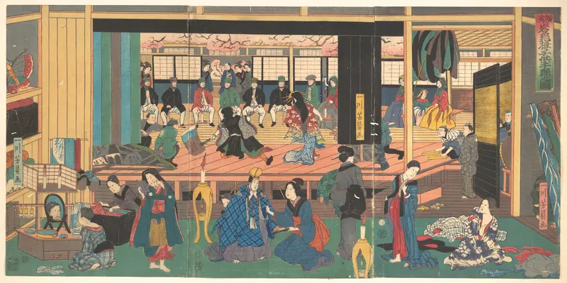 Foreigners Enjoying Children's Kabuki at the Gankirō Tea House Wall Art by Utagawa Yoshikazu - High-Resolution Digital Print