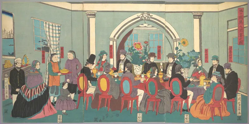 Foreigners from the Five Nations Enjoying a Banquet Wall Art by Utagawa Yoshikazu - High-Resolution Digital Print