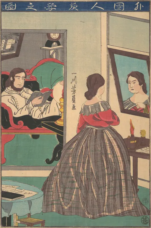 Foreigners Studying at Night Wall Art by Utagawa Yoshikazu - High-Resolution Digital Print