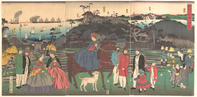 Foreigners Visiting the Famous Site of Mount Gongen in Kanagawa Wall Art by Utagawa Yoshikazu - High-Resolution Digital Print