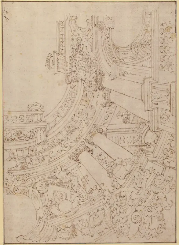 Foreshortened View of a Ceiling Corner Decorated with Columns, Urns and Putti Handing Garlands Wall Art by Agostino (Stanzani) Mitelli - High-Resolution Digital Print