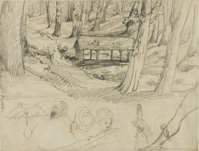 Forest Interior with Thatched Hut, and Other Sketches