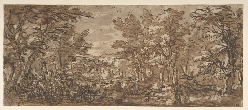 Forest Scene, a Halt at the Left, a Hunt at the Center Wall Art by Pier Francesco Mola - High-Resolution Digital Print