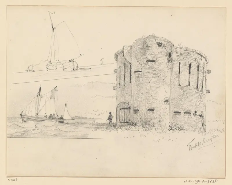 Fort de Ruyter en twee schetsen van zeilschepen Wall Art by Willem Anthonie van Deventer - High-Resolution Digital Print