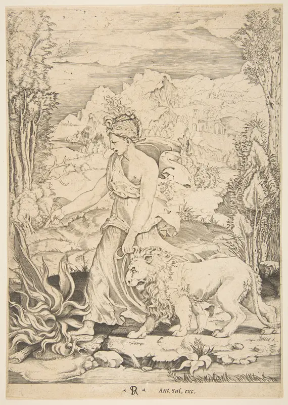 Fortitude in profile view walking toward a fire at left and leading a harnessed lion, a landscape in the background