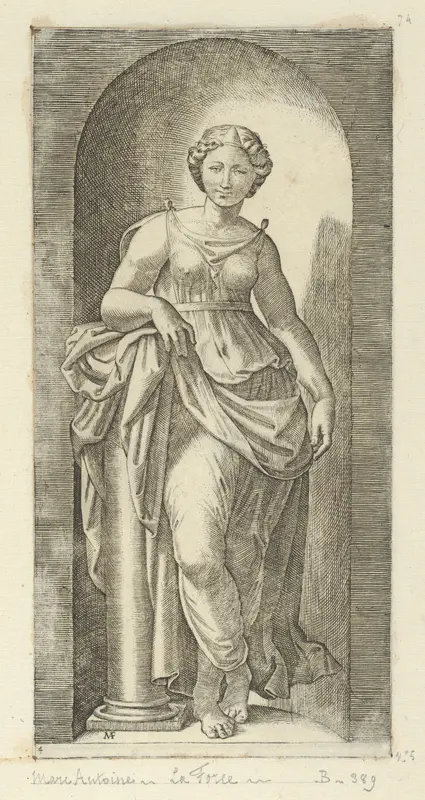 Fortitude or Strength personified by a woman standing in a nice resting her arm on a column, from "The Virtues"