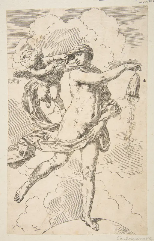 Fortune standing on a globe and emptying a purse of coins Wall Art by Simone Cantarini - High-Resolution Digital Print