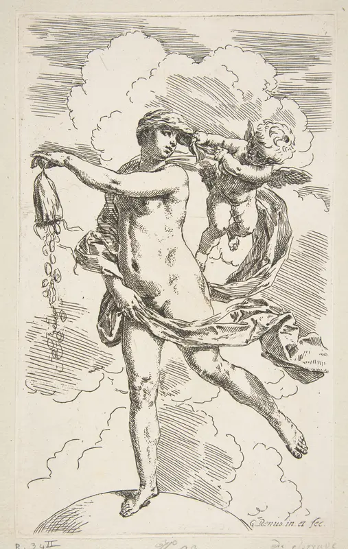 Fortune standing on a globe emptying a purse of coins Wall Art by Simone Cantarini - High-Resolution Digital Print