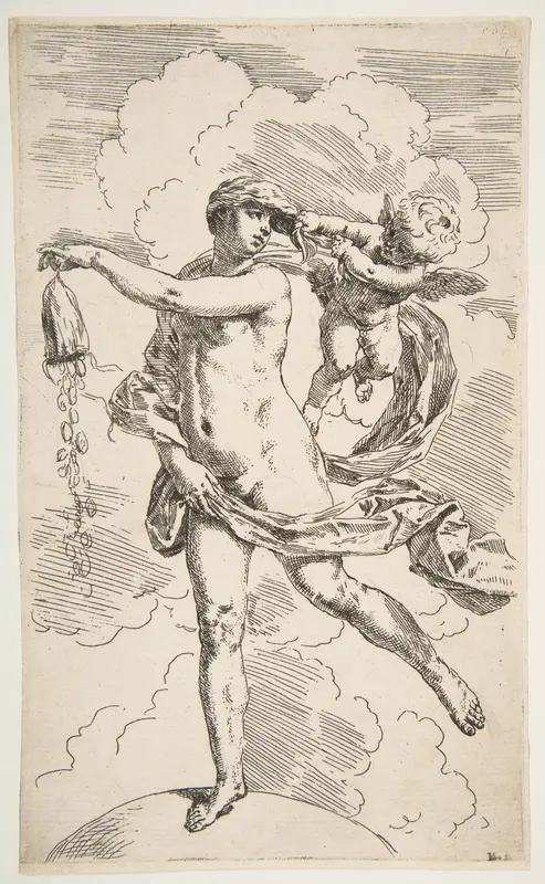 Fortune standing with one foot on a globe and emptying a purse of coins Wall Art by Simone Cantarini - High-Resolution Digital Print