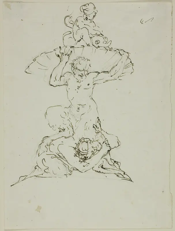 Fountain with Satyr and Putto (recto); Punchinello (verso) Wall Art by Unknown - High-Resolution Digital Print