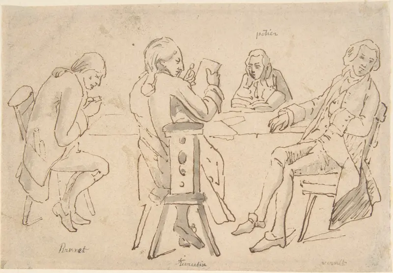 Four Artists seated at a table (Brunet, Potier, Tiercetin [?], Vernet) Wall Art by Carle (Antoine Charles Horace) Vernet - High-Resolution Digital Print