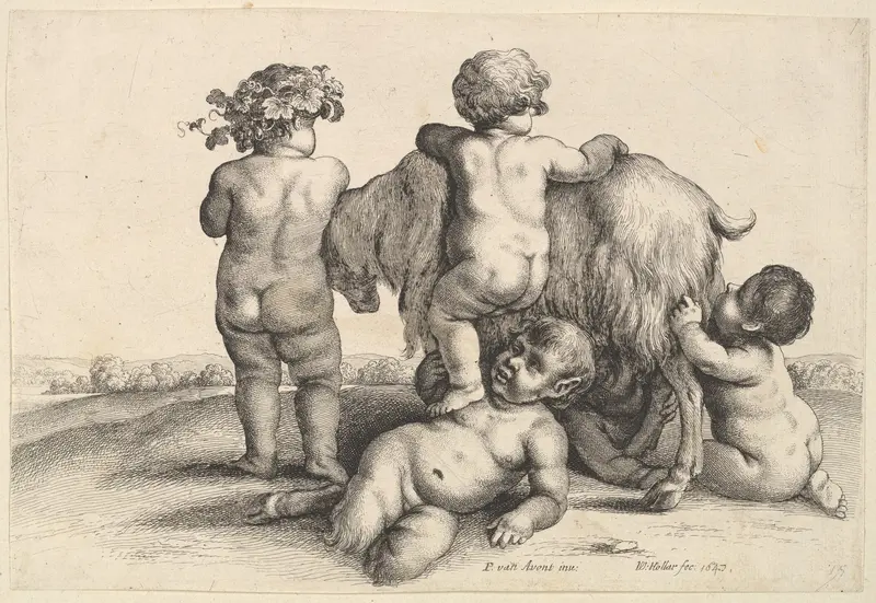Four boys, a young satyr and a goat Wall Art by Wenceslaus Hollar - High-Resolution Digital Print
