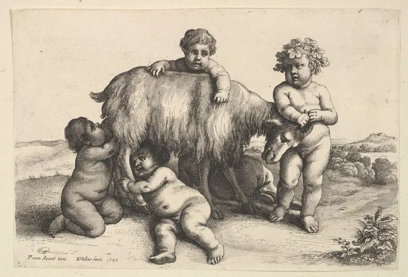 Four boys, a young satyr, and a goat Wall Art by Wenceslaus Hollar - High-Resolution Digital Print