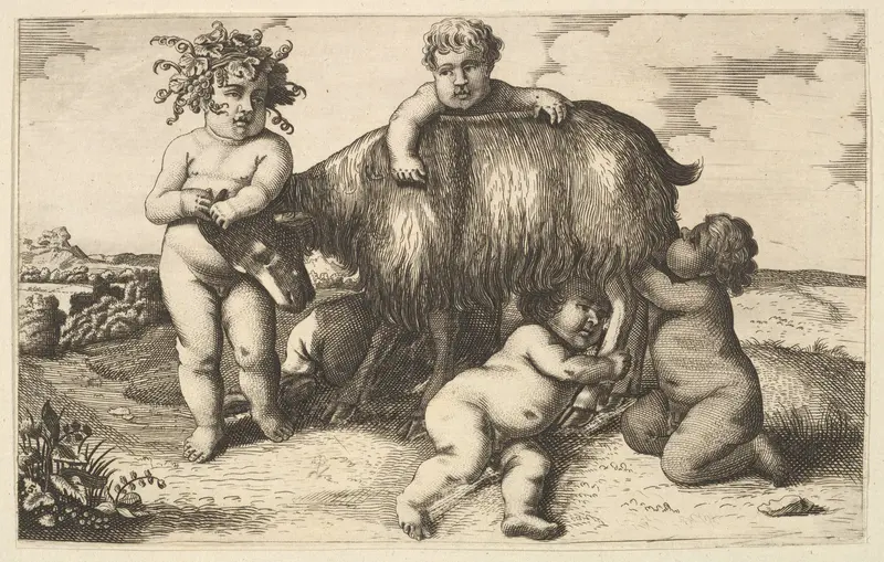Four boys, a young satyr, and a goat (copy in reverse) Wall Art by Wenceslaus Hollar - High-Resolution Digital Print