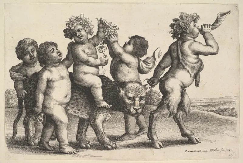 Four boys, a young satyr, and a leopard Wall Art by Wenceslaus Hollar - High-Resolution Digital Print