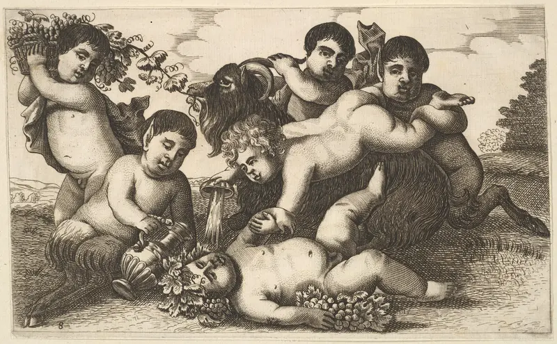 Four boys, two satyrs, and a goat (copy in reverse) Wall Art by Wenceslaus Hollar - High-Resolution Digital Print