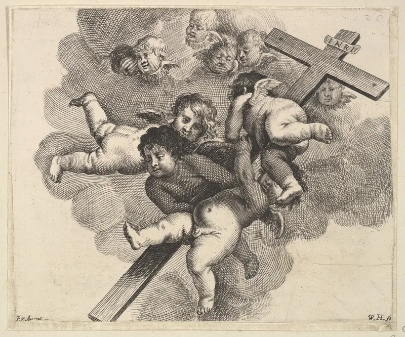 Four cherubs carrying a cross