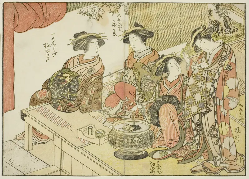 Four courtesans of various houses, from the book "Mirror of Beautiful Women of the Pleasure Quarters (Seiro bijin awase sugata kagami)," vol. 3