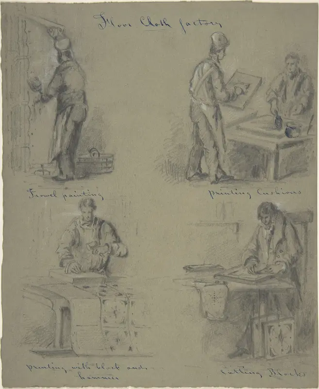 Four drawings showing the manufacture of floor cloth