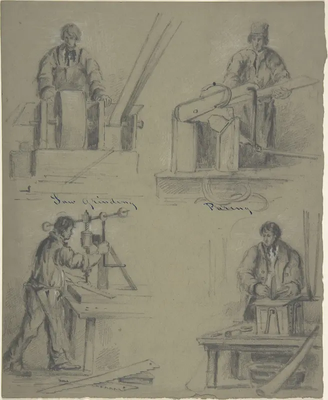 Four drawings showing the manufacture of saws