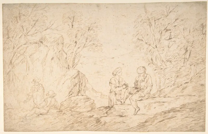 Four Figures Conversing in a Landscape Wall Art by Antonio del Castillo y Saavedra - High-Resolution Digital Print