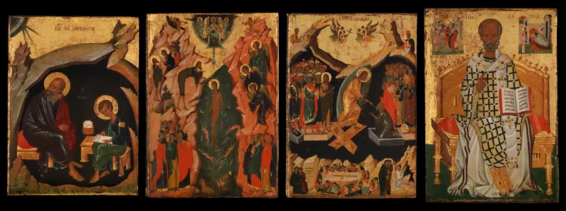 Four Icons from a Pair of Doors (Panels), possibly part of a Polyptych: John the Theologian and Prochoros, the Baptism (Epiphany), Harrowing of Hell (Anastasis), and Saint Nicholas Wall Art by Unknown - High-Resolution Digital Print
