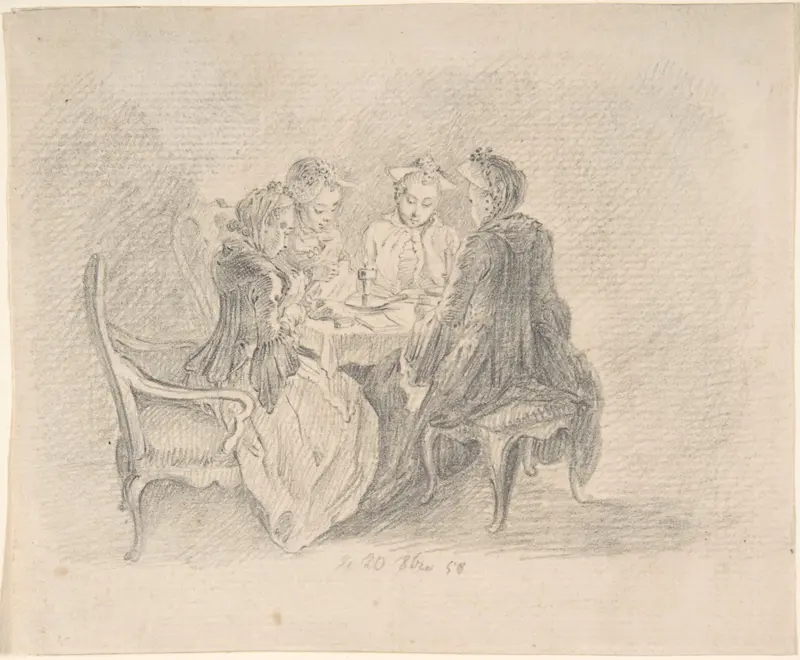 Four Ladies Sitting around a Table Occupied with Needlework, Reading, and Writing (recto); Study of a Woman with Needlework (verso) Wall Art by Daniel Nikolaus Chodowiecki - High-Resolution Digital Print