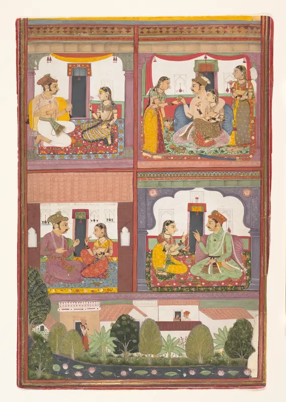 Four Love Scenes and a Landscape: Page from a Dispersed Raskapriya Wall Art by Unknown - High-Resolution Digital Print