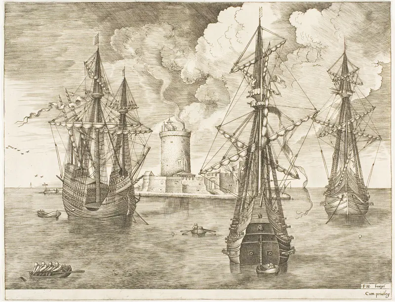 Four-Master and Two Three-Masters Anchored near a Fortified Island with a Lighthouse, from The Sailing Vessels Wall Art by Franz Huys - High-Resolution Digital Print