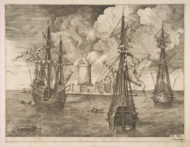 Four-Master (Left) and Two Three-Masters Anchored near a Fortified Island with a Lighthouse from The Sailing Vessels Wall Art by Pieter Bruegel the Elder - High-Resolution Digital Print